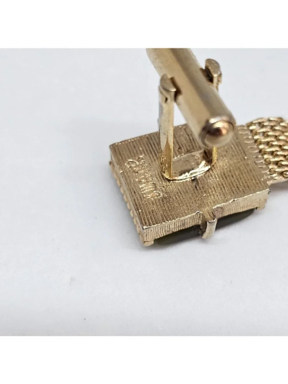 Swank Gold Tone Mesh Wrap Bullet Back Cufflinks Vintage Green Thermoset Plastic